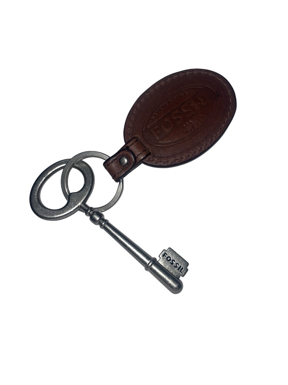 Vintage Leather Fossil Oval Keyring Key Fob With Original Metal Skeleton Key - Picture 7 of 7